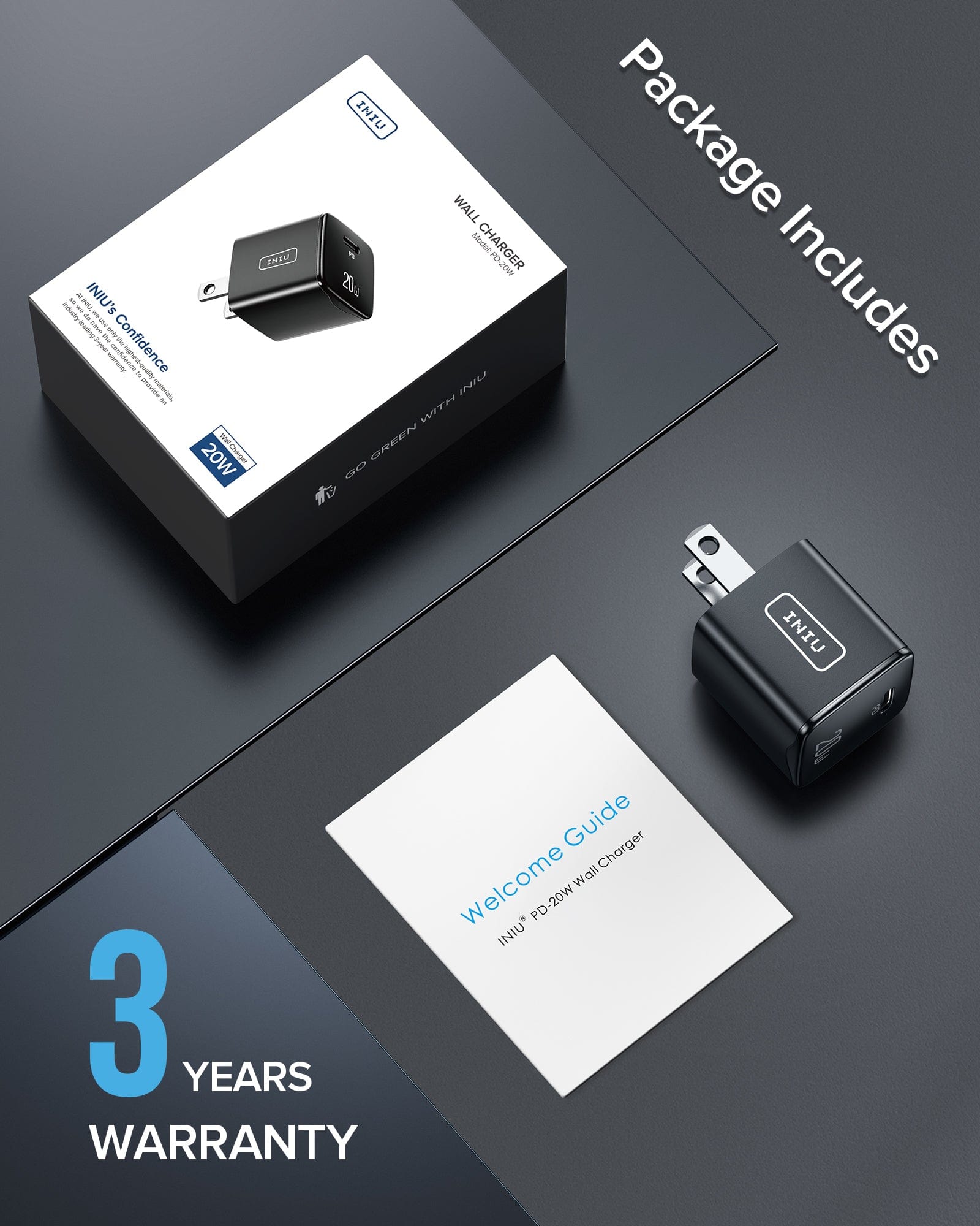 Package Includes: INIU PowerCube Mini 20W USB C Charger, 3 Years Warranty