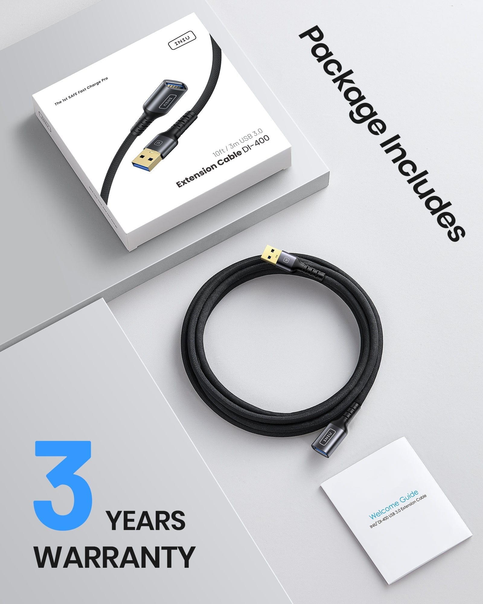 Package Includes: INIU 5Gbps USB 3.0 Extension Cable 【10ft】